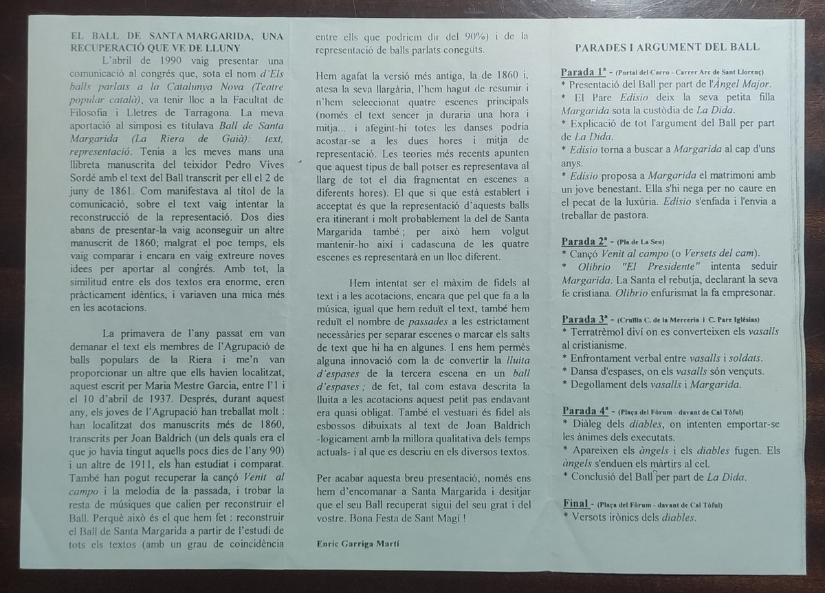 elpoblesmemoria's tweet photo. Tríptic de la representació del Ball de Santa Margarida de #laRiera a les festes de #SantMagí de l'any 1997.

El tríptic correspon a la representació del migdia, amb l'explicació del ball, els emplaçaments de les escenes, els versos finals i el repartiment.

Algú en té imatges? https://t.co/OsLR7Ul1nW