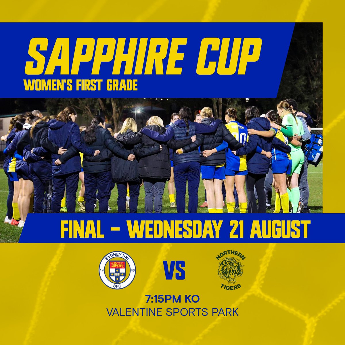 SAPPHIRE CUP FINAL | Our Women’s First Grade team will look to win some silverware on Wednesday night in the Sapphire Cup FINAL💪 Let’s get as many of you as possible out there at Valentines Sports Park 7:15pm KO to support the girls🏆🙌

#uptheuni🔵🟡