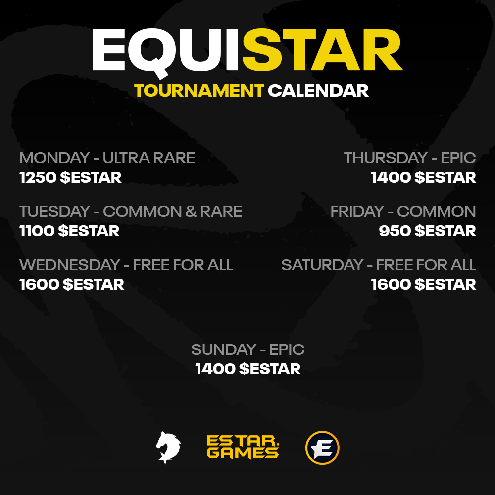 EstarToken's tweet photo. 🐎 EquiStar Tournaments: Race to Win! 🌟
@PulsarMvX send 0.02 EGLD to 100 Retweets
Get ready for a full week of exciting $ESTAR races on #EquiStar!
🏅 Daily tournaments
💥 Big $ESTAR prizes
🏇 Show your skills and race to victory!
Don’t miss out—secure your spot and hit the track today!
➡️ https://t.co/diEGIAUvFe
#MultiversX #MultiversXCommunity #MultiversXNFTs #NFTGaming #NFTGame #NFTs #NFT #NFTCommunity #NFTEvent