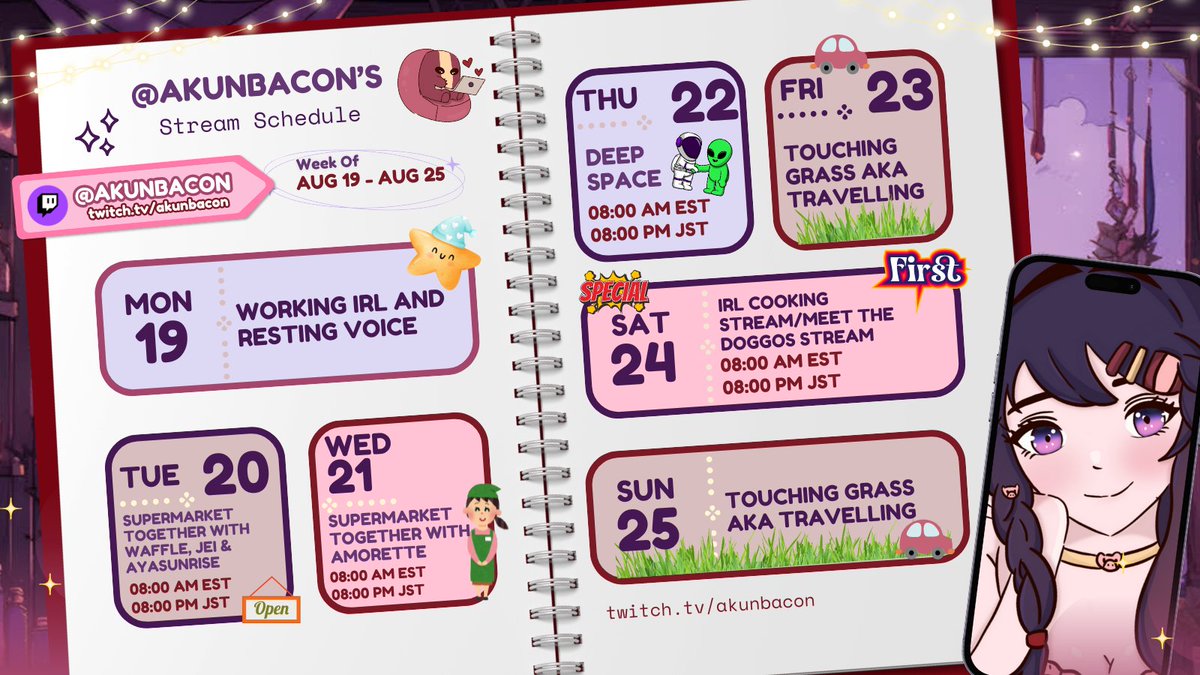 AkunBacon's tweet photo. Schedule for this week~! (づ  ̄ ³ ̄)づ🥓
━━✫・*。
🥓General: #Akunbacon
🥓LIVE: #BaconLIVE
🥓Art: #AkunARTbacon
⌜#ENVtubers • #Vtubers • #VTuberUprising⌟
Please note: Schedule/games may change due to circumstances https://t.co/lQbvp2E3FS