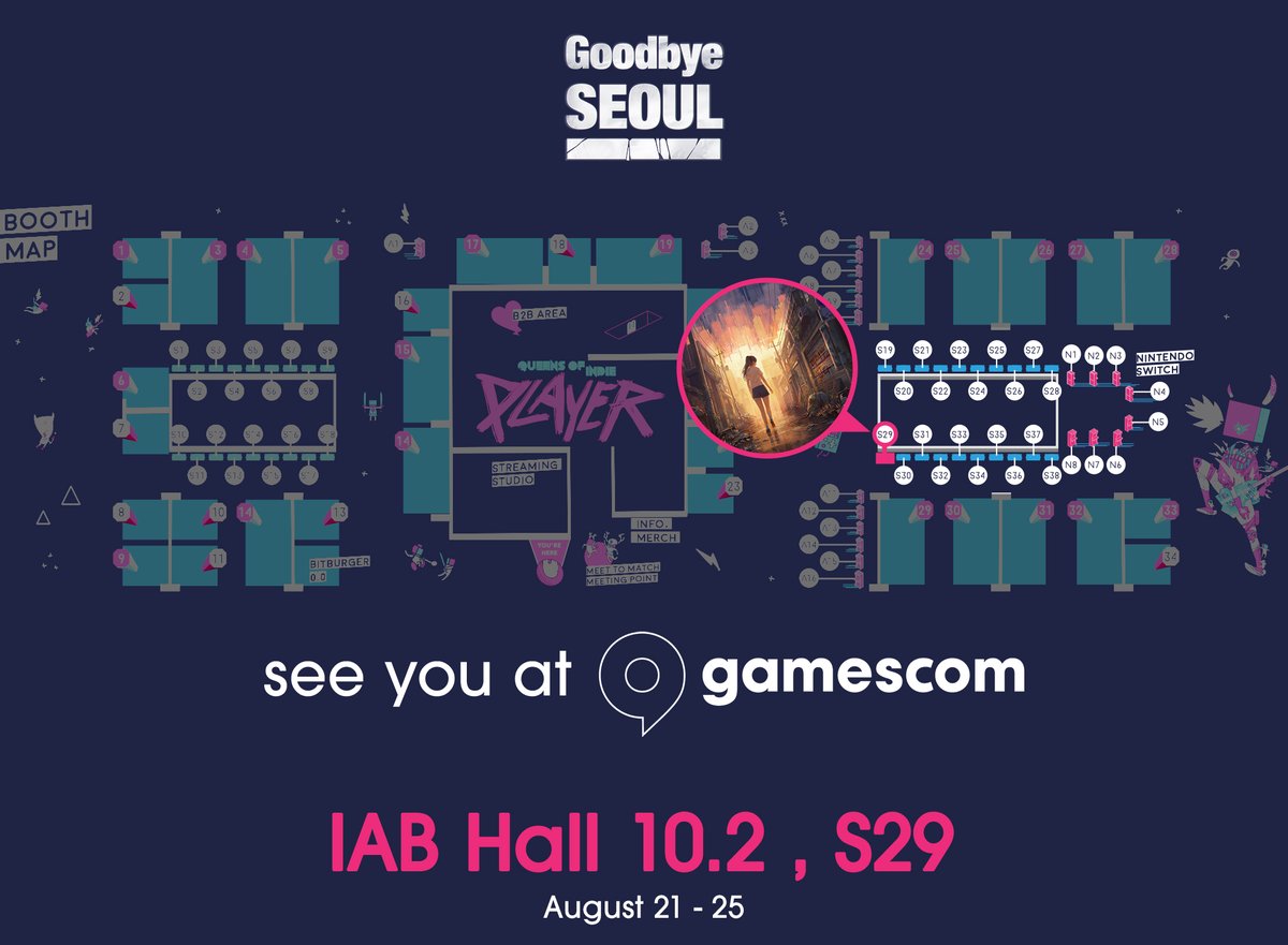 <a href="/gamescom/">gamescom</a> <a href="/IndieArenaBooth/">Indie Arena Booth</a> is just around the corner! 
Visit the Goodbye Seoul booth at Hall 10.2, S29.

Discover what lies in the remains of a fallen Seoul. 

Join our Discord: discord.com/invite/sCkwJeK…

#Gamescom #IAB #IndieArenaBooth #GoodbyeSeoul