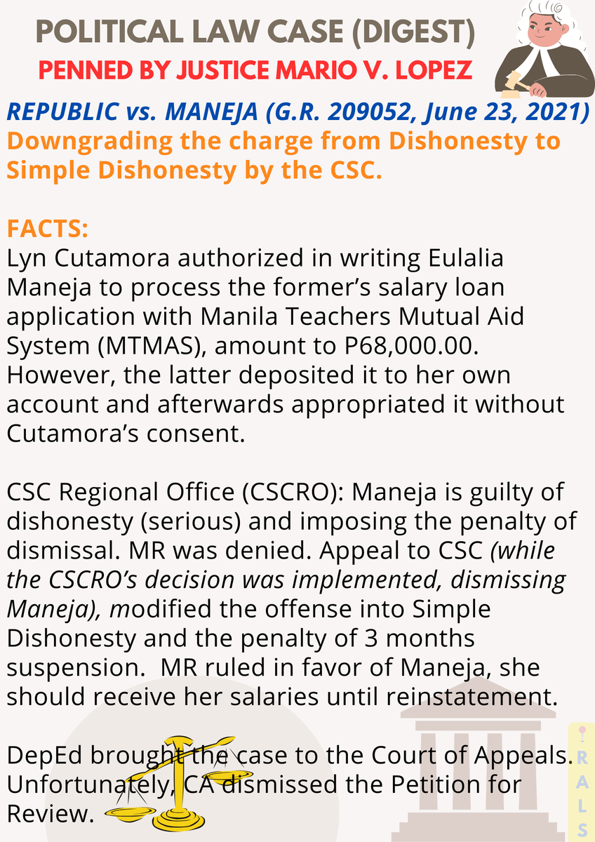 talktoRALS's tweet photo. 📣 POLITICAL LAW 
Constitutional Commissions 🚨

Case digests penned by Justice Mario V. Lopez, Bar Chair for Bar Exam 2024. Give attention to the Constitutional Basis of each case provided ‼️

- PDP-Laban vs. COMELEC, G.R. 225152
- Republic vs. Maneja, G.R. 209052 https://t.co/cpNCVIkXbg