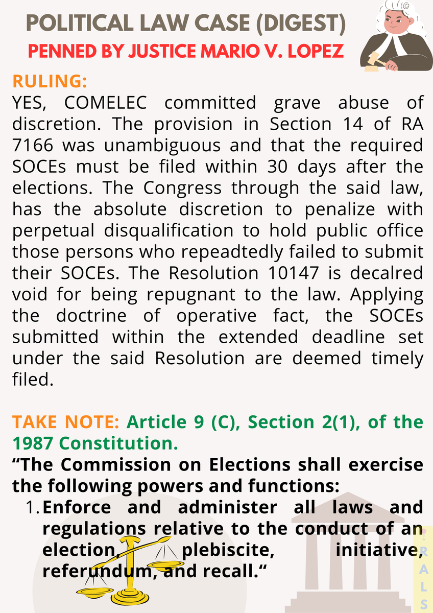 talktoRALS's tweet photo. 📣 POLITICAL LAW 
Constitutional Commissions 🚨

Case digests penned by Justice Mario V. Lopez, Bar Chair for Bar Exam 2024. Give attention to the Constitutional Basis of each case provided ‼️

- PDP-Laban vs. COMELEC, G.R. 225152
- Republic vs. Maneja, G.R. 209052 https://t.co/cpNCVIkXbg