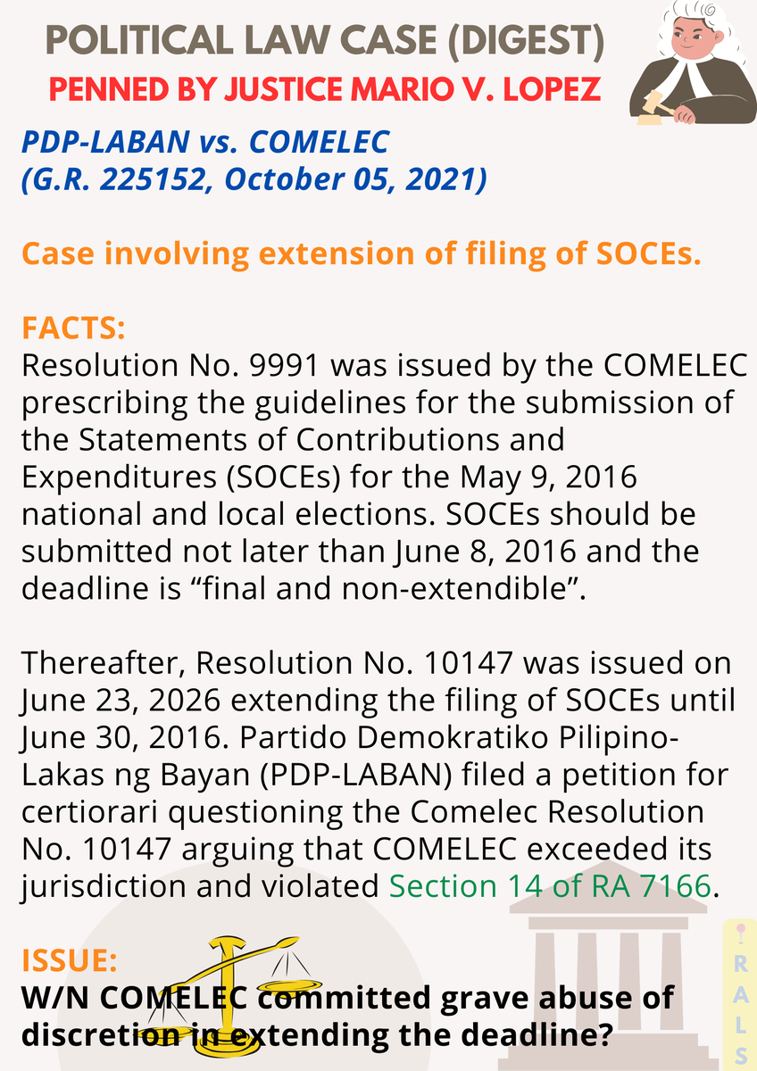 talktoRALS's tweet photo. 📣 POLITICAL LAW 
Constitutional Commissions 🚨

Case digests penned by Justice Mario V. Lopez, Bar Chair for Bar Exam 2024. Give attention to the Constitutional Basis of each case provided ‼️

- PDP-Laban vs. COMELEC, G.R. 225152
- Republic vs. Maneja, G.R. 209052 https://t.co/cpNCVIkXbg