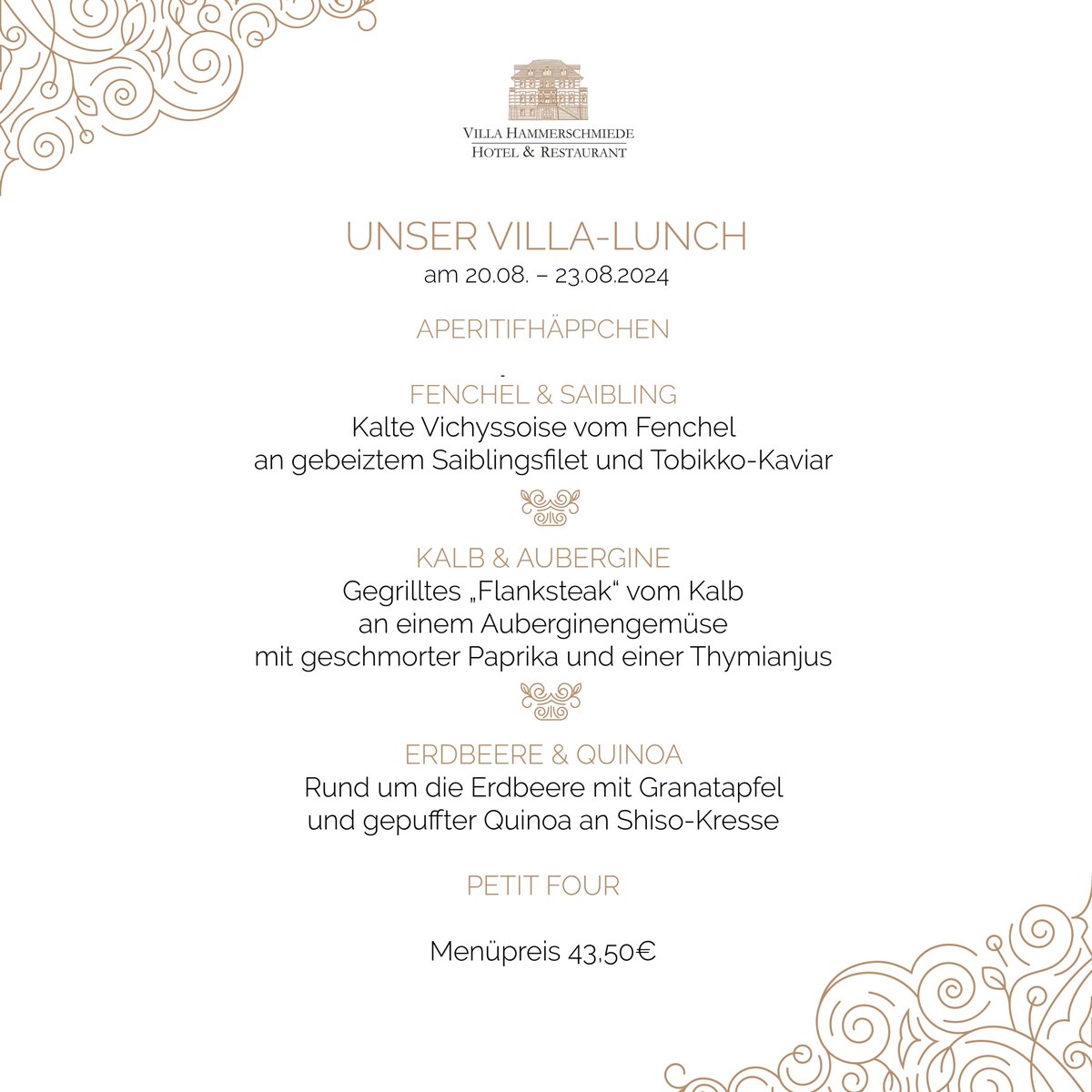 Diese Woche wird es wieder besonders lecker, kommt vorbei und genießt unseren neuen #VillaLunch 😊

👉 Gültig von 20.08. - 23.08.2024

Wir freuen uns auf Euch. 😄

DAS ERLEBNIS VILLA HAMMERSCHMIEDE – Eintreten und genießen…

#villahammerschmiede #hotel #restaurant #genuss