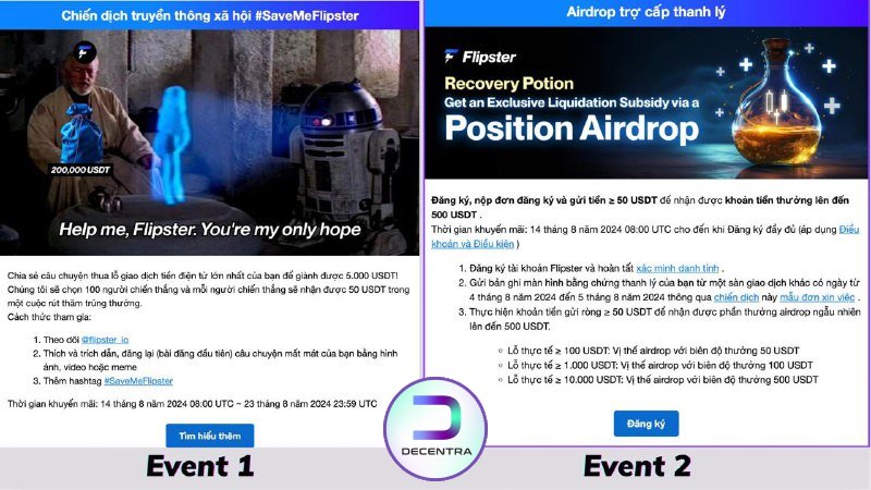 decentra_global's tweet photo. 2 sự kiện HOT từ Flipster - Ae nào có vị thế Futures trên sàn khác lỗ thì vào nhận Airdrop

🎁Sự kiện 1: Nhiệm vụ socials (Nhận 50$ tiền tưoi/slot)
🔗Link sự kiện: https://t.co/M4mKzv0NbJ

🎁Sự kiện 2: Ae có cháy Futures trên sàn khác thì qua bên Flipster được Airdrop😁 FCFS

▶️Thời gian: 14 tháng 8 năm 2024 08:00 UTC cho đến khi Full đăng ký 
(áp dụng Điều khoản và Điều kiện: https://t.co/BNNL4cyPLM ) 

1️⃣ Đăng ký tài khoản Flipster và KYC: https://t.co/k6NpTeGU7U
2️⃣ Gửi hình bằng chứng thanh lý của bạn từ một sàn giao dịch khác có ngày từ 4/8/24 đến 5/8/24 qua Form: https://t.co/sidUrrAK2V
3️⃣ Nạp ròng ≥ 50 USDT để nhận được phần thưởng airdrop vị thế ngẫu nhiên lên đến 500 USDT.

⚠️Sự kiện 1 cho tất cả, sự kiện 2 chỉ dành cho người dùng mới
-----------
🎁Sự kiện người mới Nhận kép tối đa 150$ TIỀN TƯƠI và $35 BONUS vẫn đang diễn ra

➡️Chi tiết sự kiện đọc tại: https://t.co/2sRWCNZGdJ