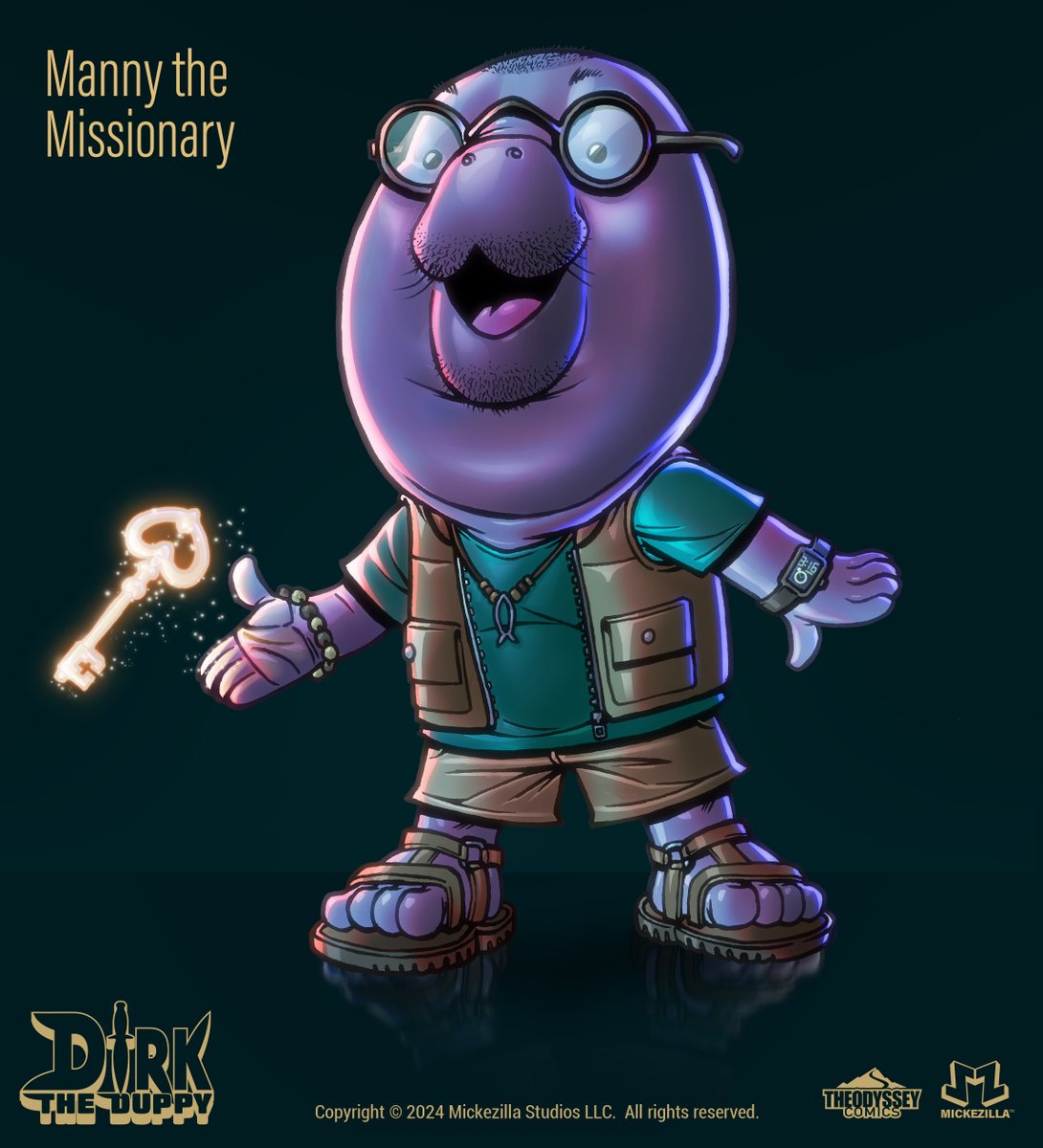 Mickezilla's tweet photo. Check out the newest member of the cast, Manny the Missionary, a friend and alley of our main character: Dirk the Duppy.
#manatee #anthropomorphic #characterdesign #conceptart #charactersheet #mickezilla #theodysseycomics #noai https://t.co/9WCD0QvSsb