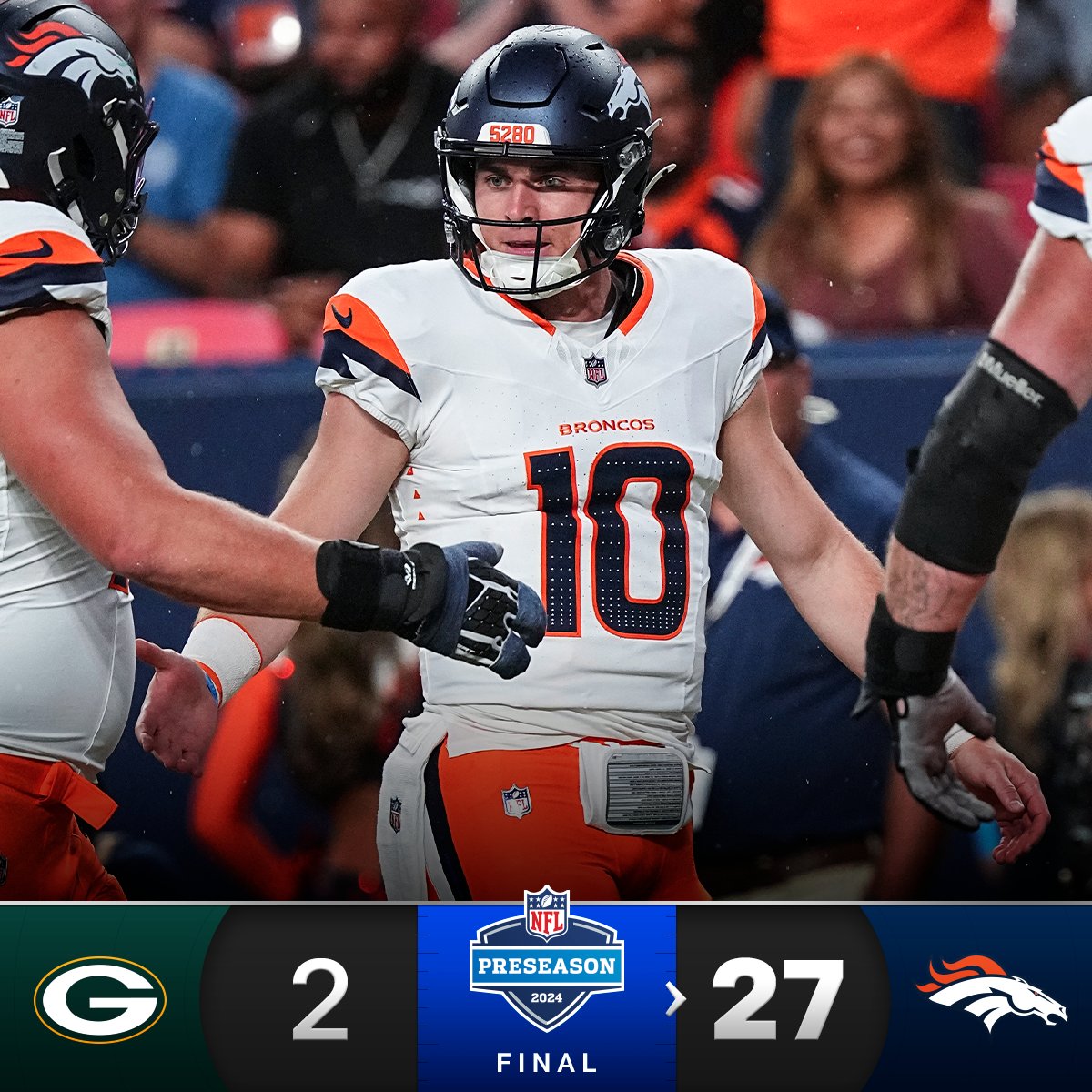 NFL's tweet image. FINAL: Bo Nix impresses once again as the @Broncos cruise to victory!