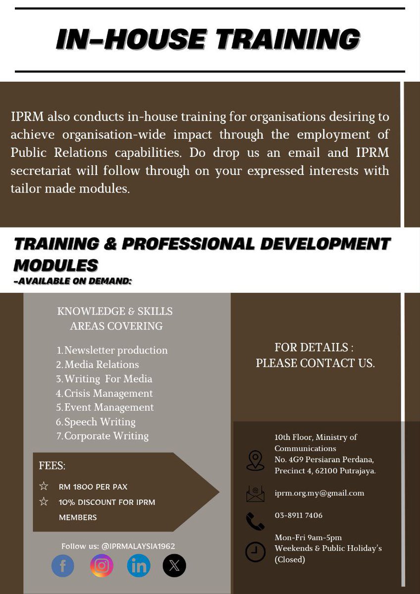 iprm_my's tweet photo. Boost Your PR Skills with IPRM’s Training!

Take your public relations expertise to the next level with our upcoming training sessions at the Institute of Public Relations Malaysia (IPRM)! https://t.co/t6I4880d3o