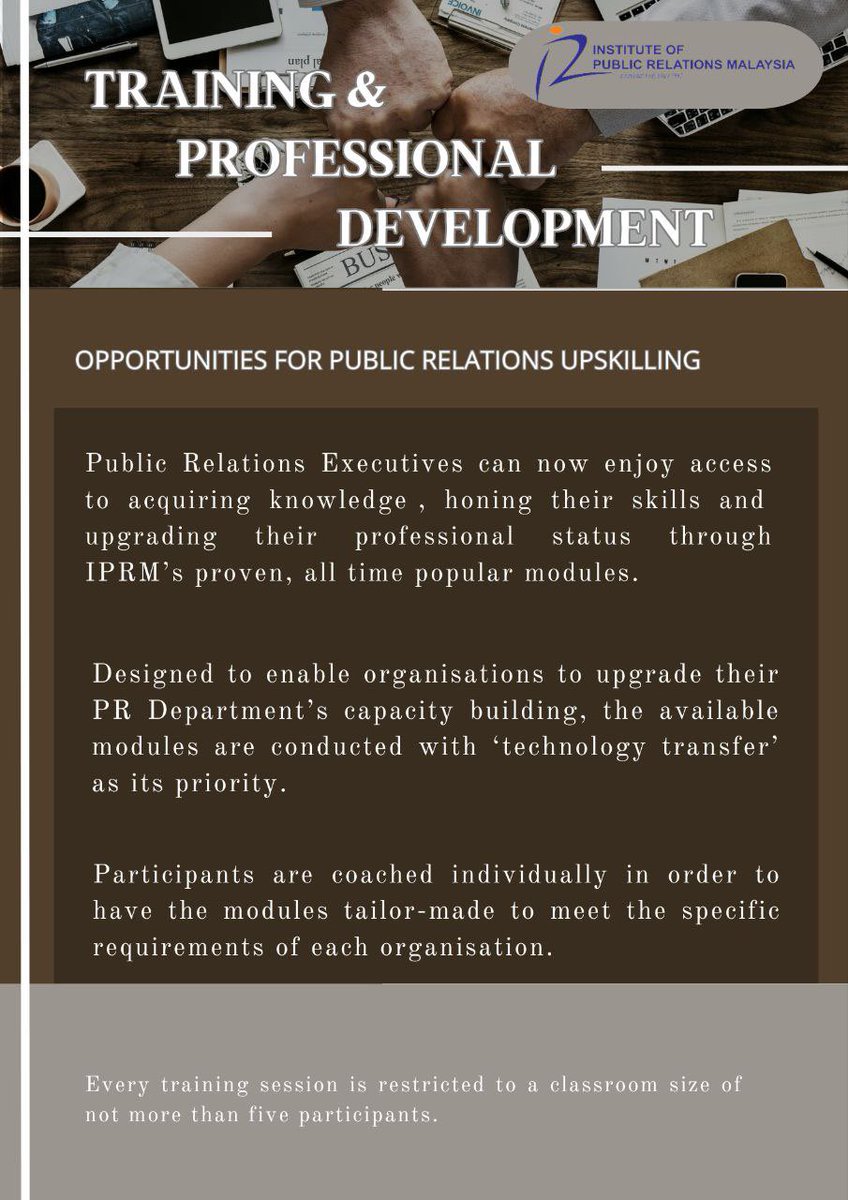 iprm_my's tweet photo. Boost Your PR Skills with IPRM’s Training!

Take your public relations expertise to the next level with our upcoming training sessions at the Institute of Public Relations Malaysia (IPRM)! https://t.co/t6I4880d3o
