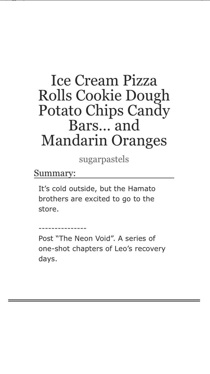 sugarpastelTMNT's tweet photo. Purgatory Paradise Part 2: Ice Cream Pizza Rolls Cookie Dough Potato Chips Candy Bars… and Mandarin Oranges

It’s cold outside, but the Hamato brothers are excited to go to the store

https://t.co/xCHNVXjMzJ
#rottmnt #RiseoftheTMNT #SaveRiseoftheTMNT #SaveRiseofTMNT #ficupdate https://t.co/wfaNio7ro5
