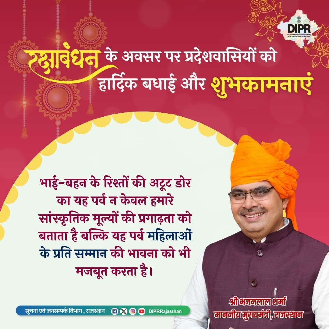 DIPRRajasthan's tweet photo. रक्षाबंधन के अवसर पर प्रदेशवासियों को हार्दिक बधाई और शुभकामनाएं

@BhajanlalBjp @RajCMO @RajGovOfficial 

#RakshaBandhan #rakshabandhan2024 #DIPRRajasthan #Rajasthan https://t.co/tTYCC3KMYv