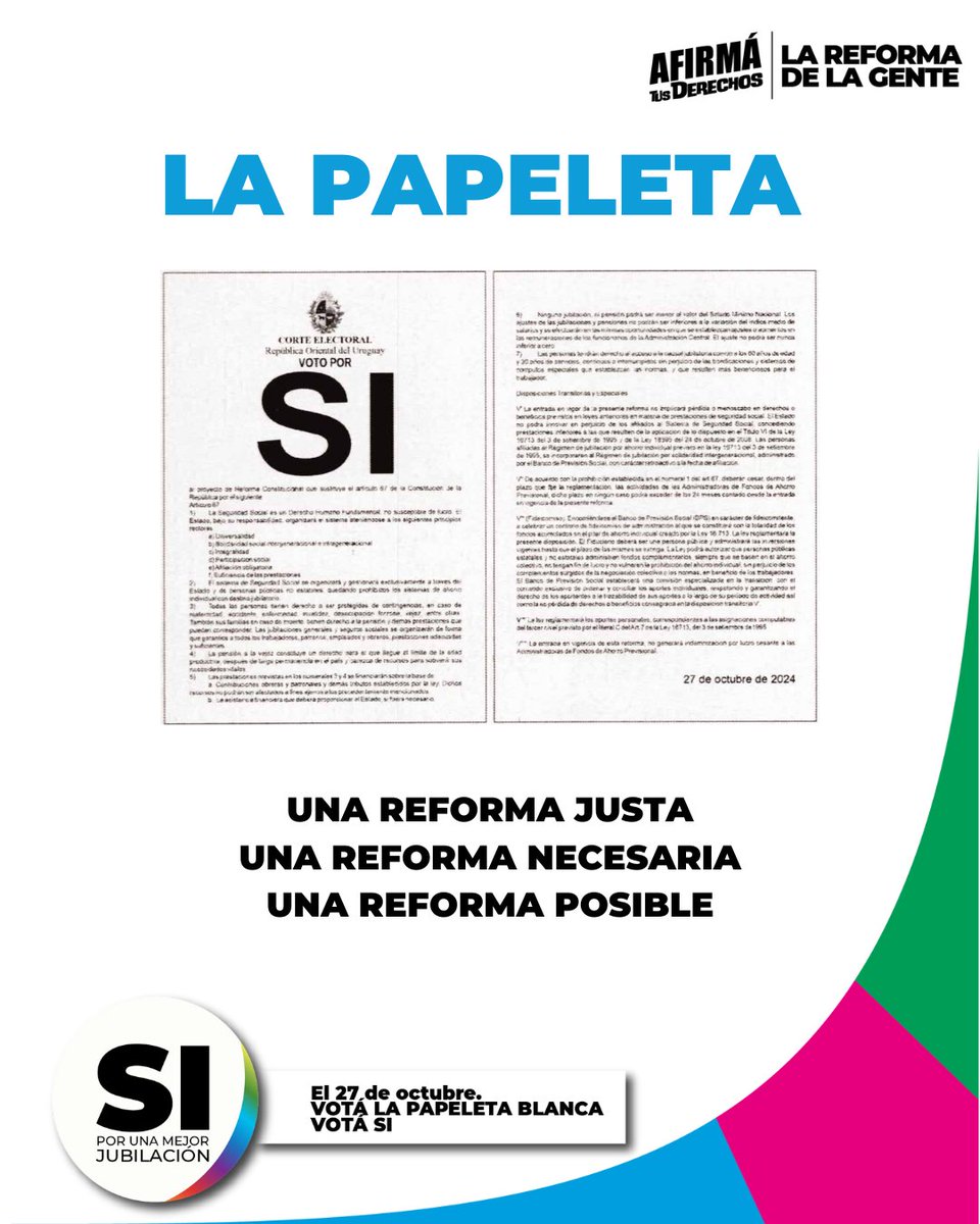 PITCNT1's tweet photo. #Afirmatusderechos · #VotaSI

UN SISTEMA DE JUBILACIONES Y PENSIONES MÁS JUSTO Y SOLIDARIO
DESDE UNA EDAD MÁS TEMPRANA
Y MÁS SEGURIDAD FINANCIERA

¡El 27/10 votá SÍ para asegurar jubilaciones/pensiones dignas y un futuro mejor para Uruguay!

#PlebiscitoUY #ReformaJubilatoria https://t.co/HrOIiGZ44Q