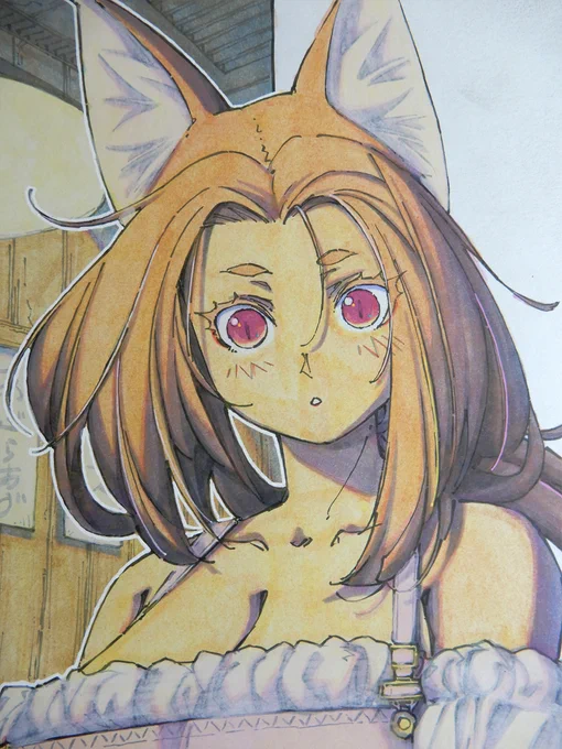 【アナログ2162:注文を取る桃姫さん】赤紫の眼でメニューを確認。あまり体力がないので店の奥でよく昼寝をしており、時々寝息が聞こえてくる。#水彩 #原画 #狐娘 #色紙 