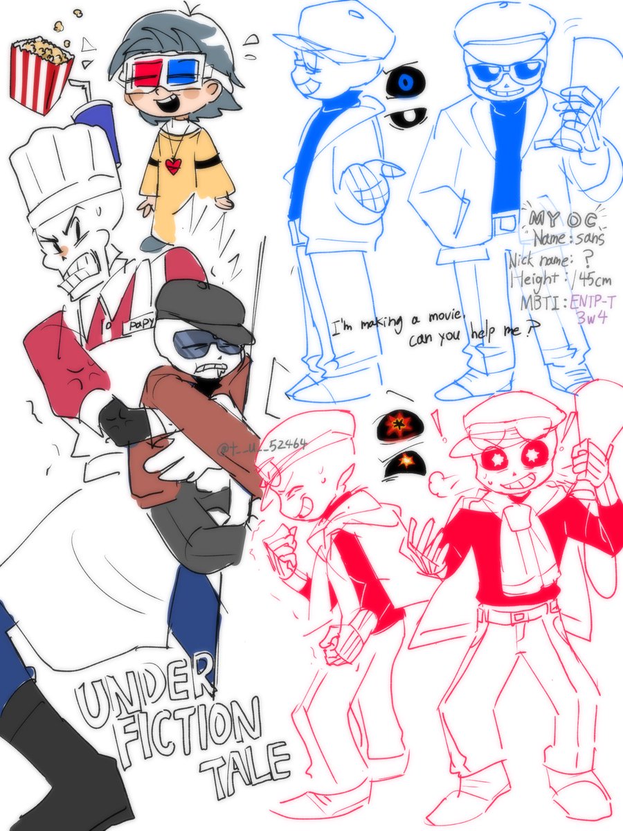 t__u__52464's tweet photo. @NOTE
"Underfictiontale?" never heard of such a thing."
 Yes, because I just thought of an AU.

 Sans in this world line is a film director.
 His gender is ♂, his birthday is August 19, his age is over 30, his MBTI is ENTP and his Enneagram is 3w4.

 His brother Papyrus is also a ♂, like Sans. His age is 24, Papyrus was born on July 12, he is a chef! His MBTI is ESFJ, Enneagram is 3w2.

 Frisk's nickname in this world line is Waffle, their age is 10 years old and they are 120cm tall.

 This is still in the development stage so we'll see what happens!

翻訳: ”アンダーフィクションtale？そんなの聞いたことがない“
そう、なぜなら今私が考えたAUなんだから

この世界線のSansは映画監督をやっている
彼の性別は♂、誕生日は8月19日、年齢は30歳超え、MBTIはENTPでエニアは3w4。

兄弟のパピルスはSansと同じく♂。年齢は24歳だ、パピルスは7月12日に誕生し、シェフをやっている！MBTIはESFJ、エニアは3w2だ。

この世界線のフリスクのニックネームはワッフルちゃん、年齢は10才、身長は120cm。

まだこれは開発段階なので、どうなるかはこれからのお楽しみ。