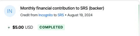 srs_server's tweet image. Monthly financial contribution to SRS (backer)
Credit from Incognito to SRS • August 19, 2024 🙏