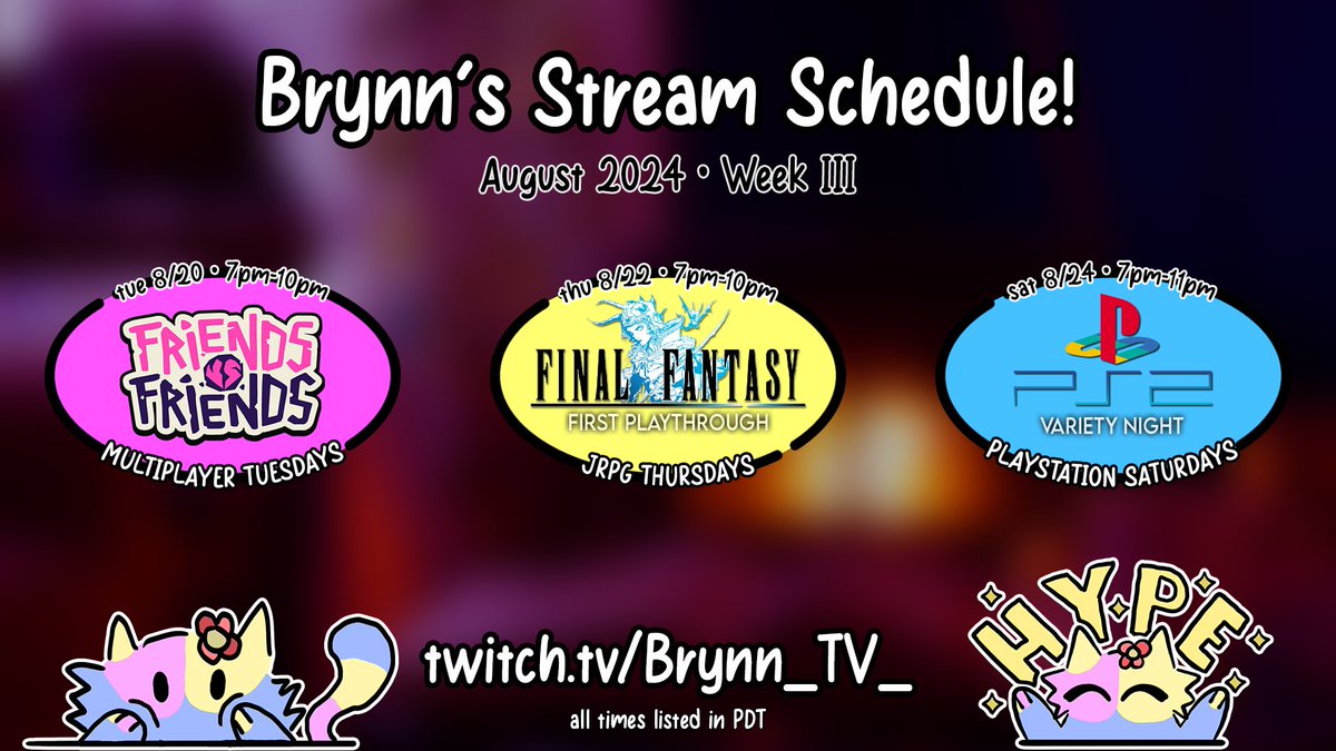 Brynn_TV's tweet photo. another week of August = ANOTHER WEEK OF STREAMS WOO 🥳
Friends vs Friends 1v1s for Multiplayer Tuesday!!
my FIRST playthrough of Final Fantasy (FOR REAL THIS TIME) for JRPG Thursday!!
and for this week's PlayStation Saturday, three hours of PS1/PS2 games, one hour each game!! 💖 https://t.co/o1iKprFEyI