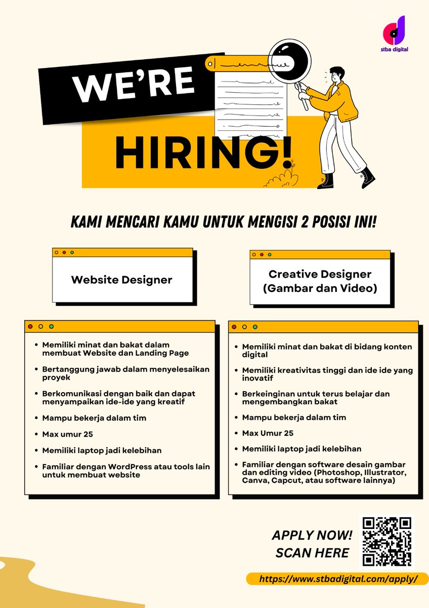 gorgeousalien's tweet photo. Hey, kamu punya jiwa kreatif yang keren dan minat banget soal dunia digital?

Join tim kami yuk! Kami mencari kamu untuk mengisi posisi Website Designer dan Creative Designer!
Langsung apply di ⬇️
https://t.co/zueuvd8Zg7

Kami tunggu ya!!!
#hiring #openrecruitment #lokerbdg https://t.co/1hbvHACTKW