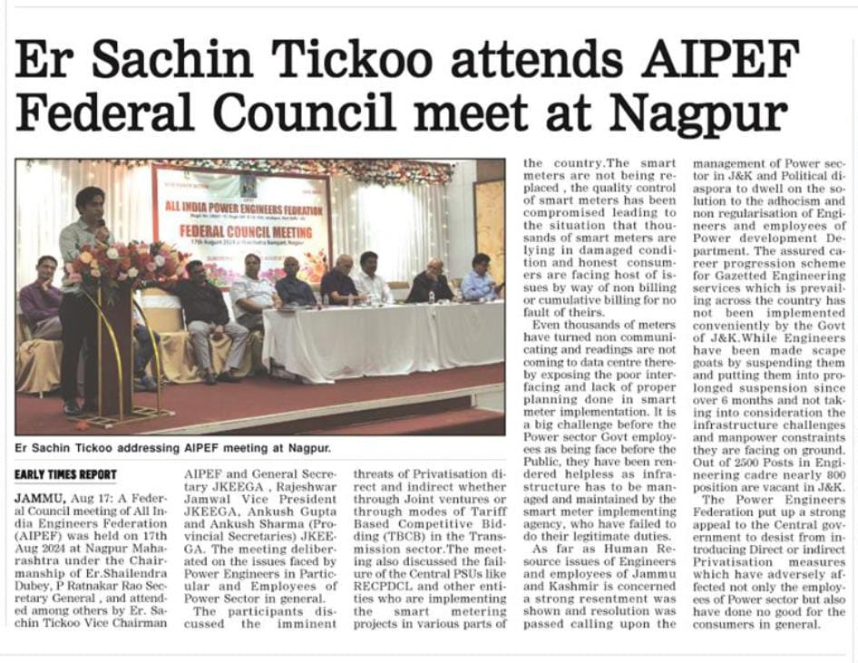 tickoosachin's tweet photo. Federal Council Meeting of All India Power Engineers Federation (#AIPEF) was held at Nagpur and among other issues ,HR issues of J&amp;K Power Engineers  were taken up and an appeal was made to Govt from AIPEF to resolve the issue of Regularisation and Assured Career progression .1/2 https://t.co/RF7niP40uY