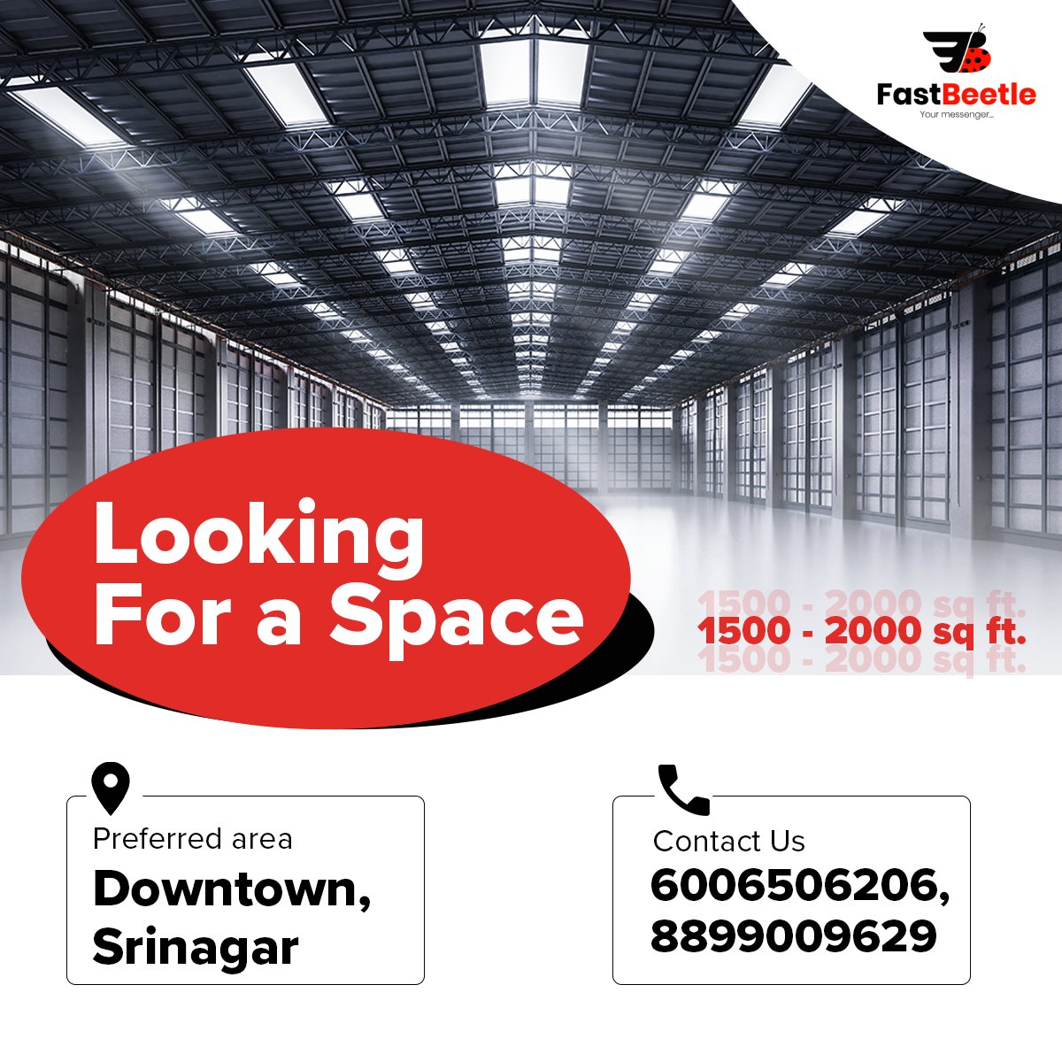 FastBeetle (@fastbeetle_) on Twitter photo Seeking a warehouse space of 1500-2000 sq ft in downtown Srinagar. If you have an available space and are interested in renting it out, we’d love to hear from you! Please call us at 6006506206, 8899009629 Seeking a warehouse space of 1500-2000 sq ft in downtown Srinagar. If you have an available space and are interested in renting it out, we’d love to hear from you! Please call us at 6006506206, 8899009629