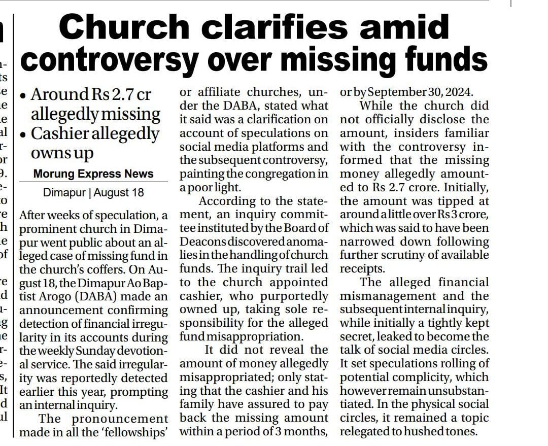 jonathan_naga_'s tweet photo. It's disheartening to see corruption infiltrating our churches. The financial mismanagement in one of the largest churches in Nagaland- Dimapur Ao Baptist Church may be just one instance that came to light, but there could be many others.Thanks to @morungexpress05 writing on this https://t.co/gCnDkGvamU