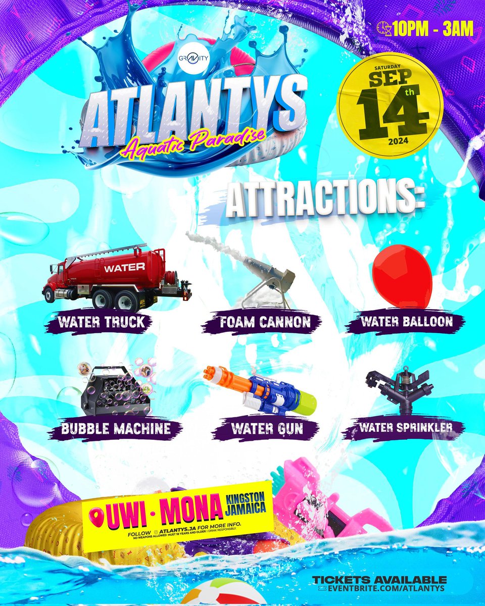 AtlantysJa's tweet photo. 💦🔫Tun up yuh water party experience with our attractions🔫💦

AND REMEMBER‼️, Get dress👙 to get wet 🌊 @atlantys.ja

Keep connected by following @atlantys.ja &amp; @gravityent_ja (on IG)

Tickets are available from the link in @atlantys.ja &amp; @gravityent_ja bio https://t.co/CgmjBZ5LWt