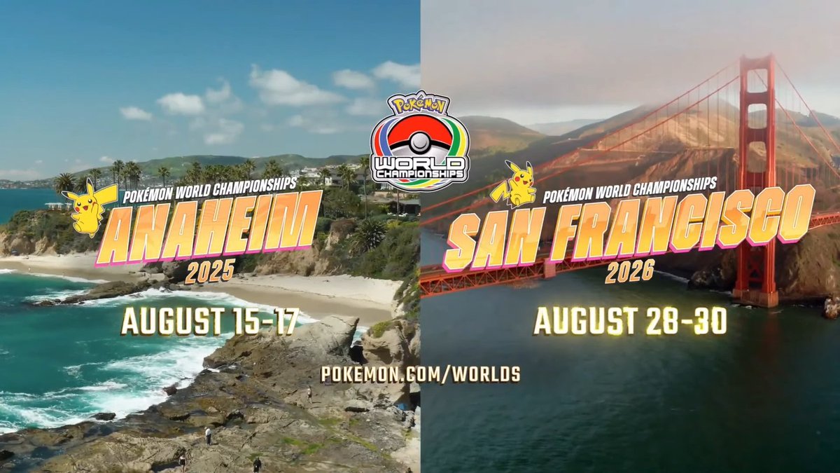 The dates of the next World Championships have also been revealed! #PokemonWorlds

🇺🇸 Anaheim, CA, United States
🗓️ 15–17 August 2025

🇺🇸 San Francisco, CA, United States
🗓️ 28–30 August 2026

🔗 worlds.pokemon.com