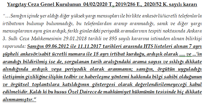 Yargıtay CGK; Ankesörlü/sabit telefonlardan 18 kez ardışık ve periyodik aranmak mahkumiyete yeterli değildir.

Aramaların ardışık ve periyodik olduğu kabul edilmesine rağmen mahkûmiyete yeterli olmadığı ifade edilmiştir, Yargıtay CGK'nın ankesörle ilgili nadir kararlarından.