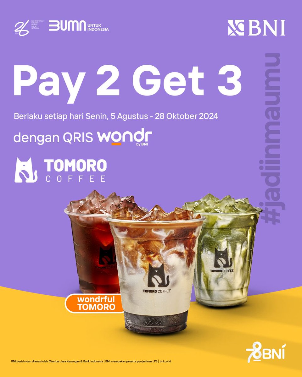 RacunBelanja's tweet photo. Fore &amp; Tomoro Coffee Pay 2 Get 3 dengan pembayaran QRIS wondr by BNI
🗓️ Setiap hari Senin hingga 28 Oktober 2024 https://t.co/0g75K7fmCL