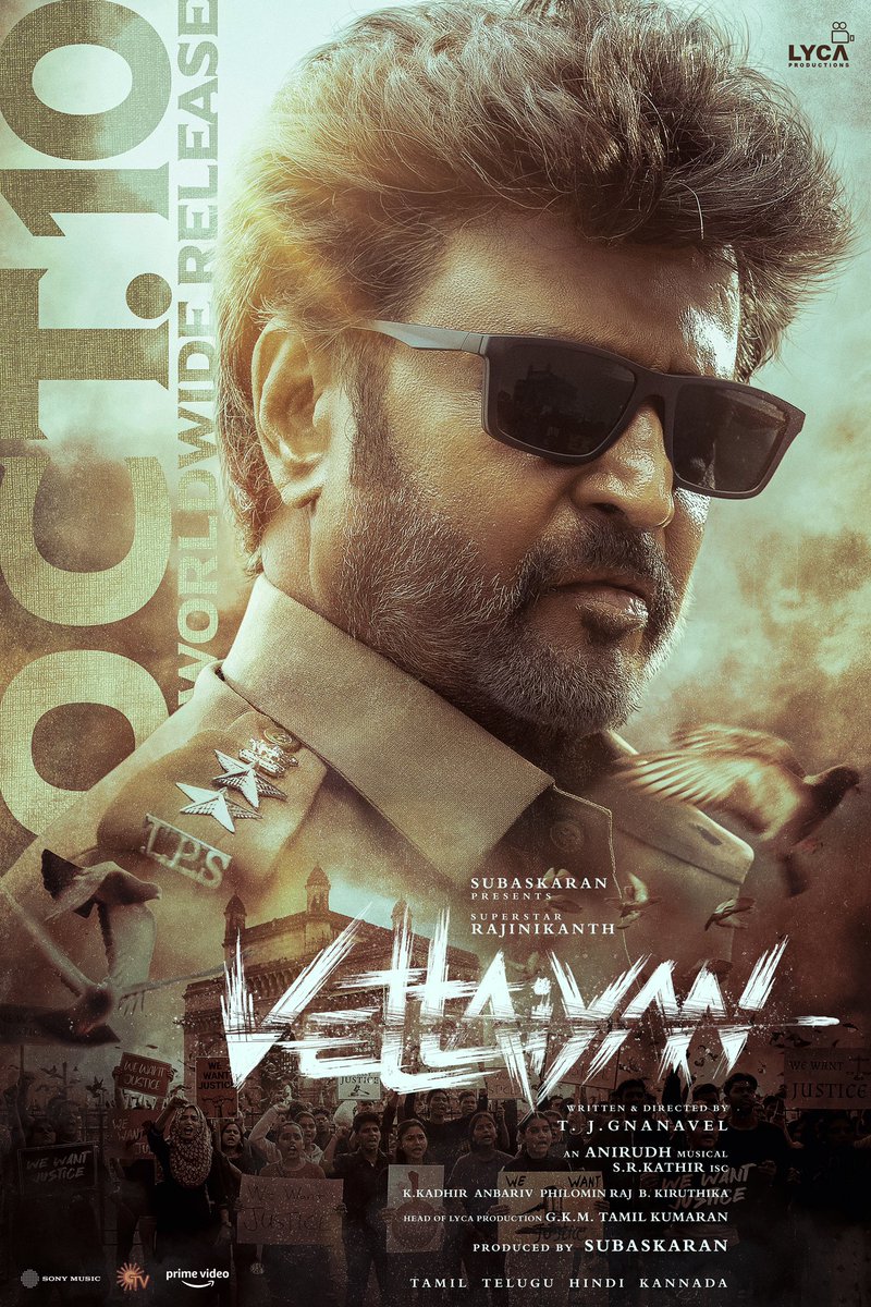 LycaMusic's tweet photo. Target locked 🎯 VETTAIYAN 🕶️ is set to hunt in cinemas worldwide from OCTOBER 10th, 2024! 🗓️ Superstar 🌟 as Supercop! 🦅

Releasing in Tamil, Telugu, Hindi &amp; Kannada!

#Vettaiyan 🕶️ @rajinikanth @SrBachchan @tjgnan @anirudhofficial @LycaProductions #Subaskaran @gkmtamilkumaran https://t.co/lVIjXoOjpY
