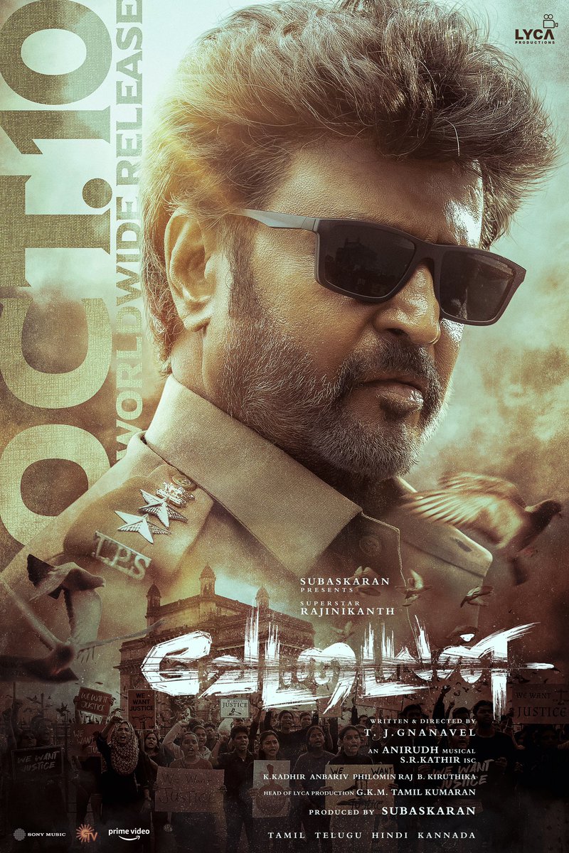 LycaMusic's tweet photo. Target locked 🎯 VETTAIYAN 🕶️ is set to hunt in cinemas worldwide from OCTOBER 10th, 2024! 🗓️ Superstar 🌟 as Supercop! 🦅

Releasing in Tamil, Telugu, Hindi &amp; Kannada!

#Vettaiyan 🕶️ @rajinikanth @SrBachchan @tjgnan @anirudhofficial @LycaProductions #Subaskaran @gkmtamilkumaran https://t.co/lVIjXoOjpY