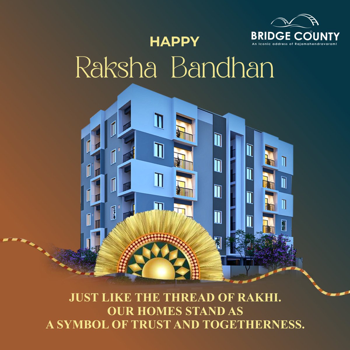 bridgecounty's tweet photo. Just like the thread of Rakhi. our homes stand as a symbol of trust and togetherness.
Happy Raksha Bandhan. 
#HappyRkshaBandhan2024 #BridgeCounty #RealEstate #FlatsForSale #FlatsForSaleInRajahmundry https://t.co/gcNZeITBED