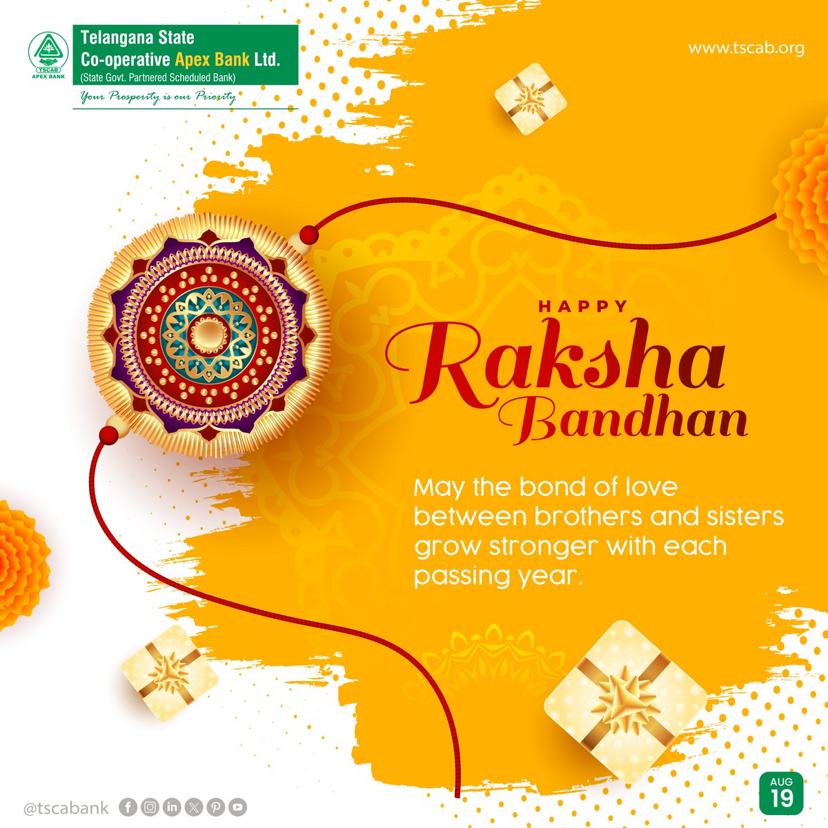 tgcabbank's tweet photo. May the bond of love between brothers and sisters grow stronger with each passing year.
Happy Raksha Bandhan!
#telanganastatecooperativeapexbank #TSCAB #happyrakshabandhan #rakshabandhan #siblings #rakhi #banking #loans https://t.co/NsojUJDJ1u