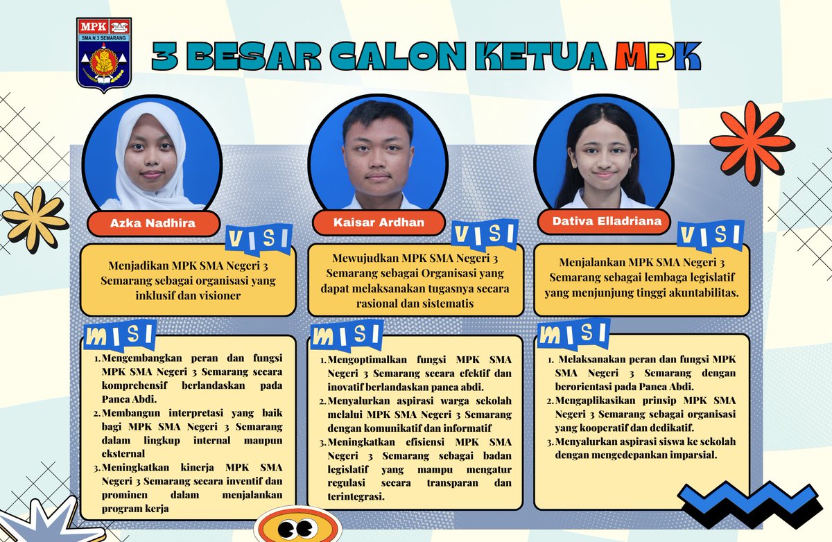 Hello, Satria Ganesha! 🐘
MPK SMA Negeri 3 Semarang
Proudly Present

⚜️𝐅𝐨𝐫𝐮𝐦 𝟑 𝐁𝐞𝐬𝐚𝐫 𝐂𝐚𝐥𝐨𝐧 𝐊𝐞𝐭𝐮𝐚 𝐌𝐏𝐊⚜️

Forum akan dilaksanakan pada:
🗓 𝗦𝗲𝗻𝗶𝗻, 𝟭𝟵 𝗔𝗴𝘂𝘀𝘁𝘂𝘀 𝟮𝟬𝟮𝟰
⏰ 𝟭𝟱.𝟰𝟱 𝗪𝗜𝗕 - 𝘀𝗲𝗹𝗲𝘀𝗮𝗶
📍 𝗥𝘂𝗮𝗻𝗴 𝗠𝘂𝗹𝘁𝗶𝗺𝗲𝗱𝗶𝗮