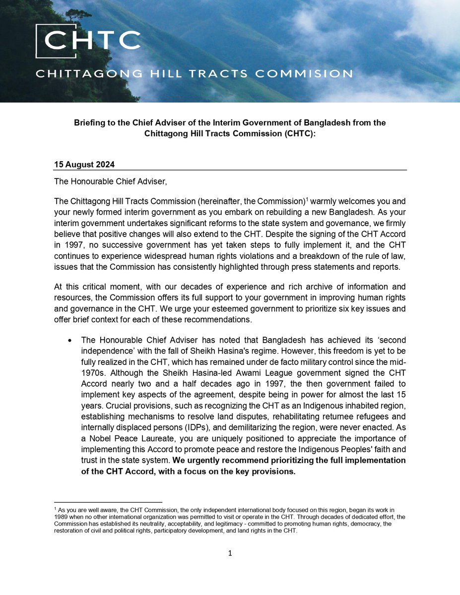 ChtCommission's tweet photo. The CHT Commission urges the interim government of Bangladesh to prioritize six crucial issues, ensuring that the people of CHT can fully experience the nation's 2nd independence. #CHT #BangladeshCrisis @binadcosta   @KhushiKabir @UN4Indigenous https://t.co/Bbk8wF9DEI
