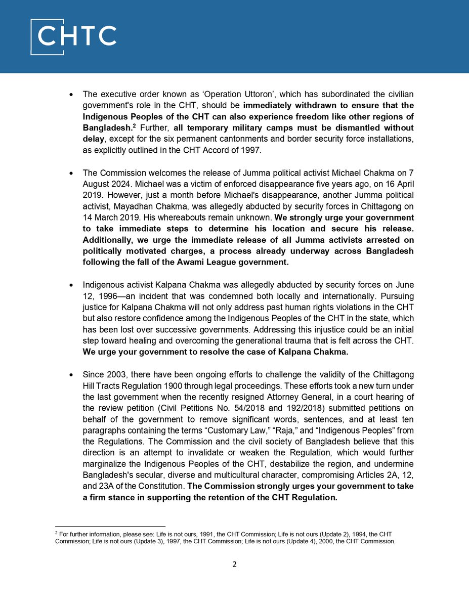 ChtCommission's tweet photo. The CHT Commission urges the interim government of Bangladesh to prioritize six crucial issues, ensuring that the people of CHT can fully experience the nation's 2nd independence. #CHT #BangladeshCrisis @binadcosta   @KhushiKabir @UN4Indigenous https://t.co/Bbk8wF9DEI