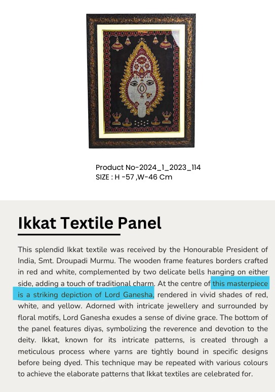 gs_mishra's tweet photo. https://t.co/XKsUwQ7Xdq
In the auction of The Presidential Gifts received by the Hon'ble Indian President, the description of this Ikat Textile Panel which is up for auction is wrongly written as Lord Ganesha. #MaaSamlei #Sambalpur @rashtrapatibhvn @DmSambalpur https://t.co/J1fuHRJyay