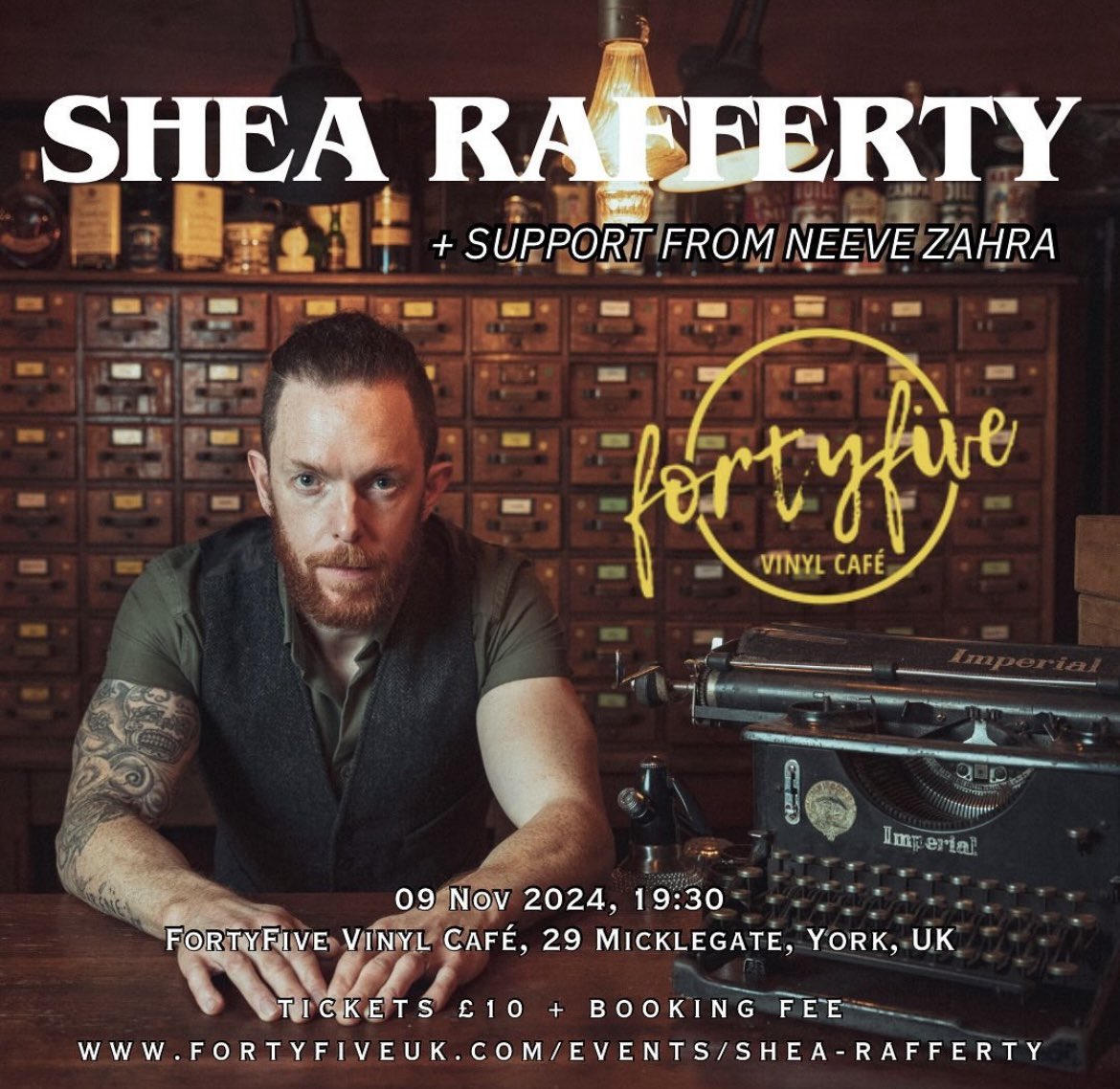 Shea Rafferty (@shearaffmusic) on Twitter photo Had such a great time <a href="/fortyfiveuk/">FortyFive Vinyl Café • York</a> earlier this year supporting <a href="/FlearMusic/">LukeFlearMusic</a> and I can’t wait to headline the place myself on Sat 9 Nov. Support comes from the ace <a href="/NeeveZahraMusic/">Neeve Zahra</a>. Get those tickets right now 🎫 fortyfiveuk.com/events/shea-ra… 💚
<a href="/VisitYork/">✨ Visit York ✨</a> Had such a great time <a href="/fortyfiveuk/">FortyFive Vinyl Café • York</a> earlier this year supporting <a href="/FlearMusic/">LukeFlearMusic</a> and I can’t wait to headline the place myself on Sat 9 Nov. Support comes from the ace <a href="/NeeveZahraMusic/">Neeve Zahra</a>. Get those tickets right now 🎫 fortyfiveuk.com/events/shea-ra… 💚
<a href="/VisitYork/">✨ Visit York ✨</a>