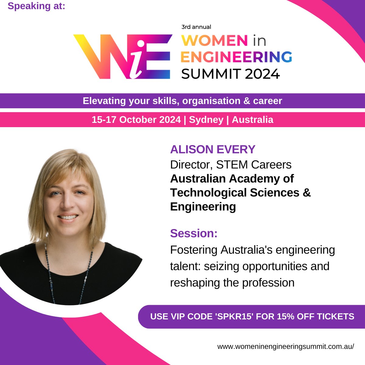 ATSE_au's tweet image. We’re thrilled to announce that ATSE’s STEM Careers Director, Dr @AlisonEvery, will deliver a keynote address at the #WomeninEngineering Summit 2024.

Register for the event with the promo code ‘SPKR15’ for a 15% discount.

🔗 Learn more here: womeninengineeringsummit.com.au/registration
#WiE