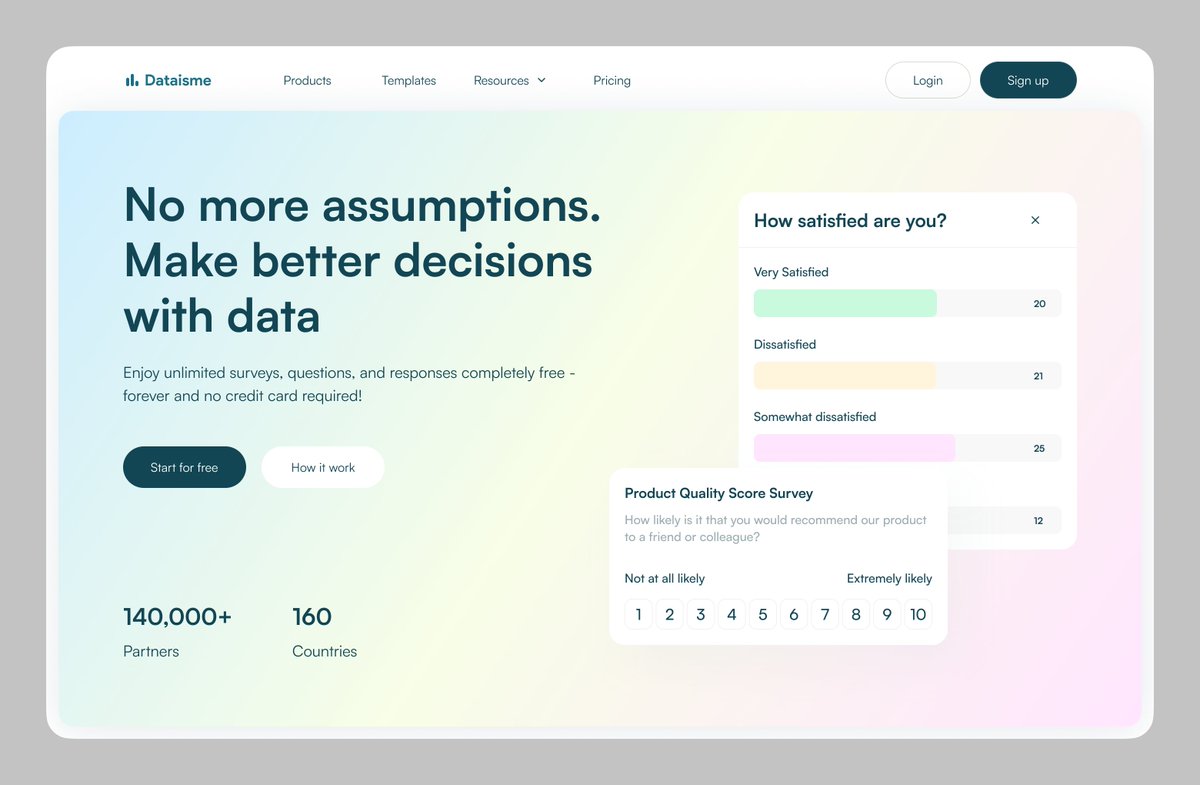 thesyahrulspace's tweet photo. #OneHourWonder - Hero section 4
Survey Platform Website Design
----
One Hour Wonder is where I explore UI design layouts and styles in one hour. I'll post whatever I come up with to practice my design speed. https://t.co/Y9Xg4ffZw3