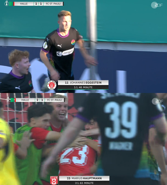 foet247europa's tweet photo. Lars Ritzka scored in the 110th minute, heading in a cross at the far post to complete the comeback as St. Pauli beat Hallescher FC 3-2. Adam Dźwigała had scored the equaliser in the final minute of regular time to save St. Pauli’s blushes. #DFBPokal #HFCFCSP https://t.co/O4PSf8cH0c