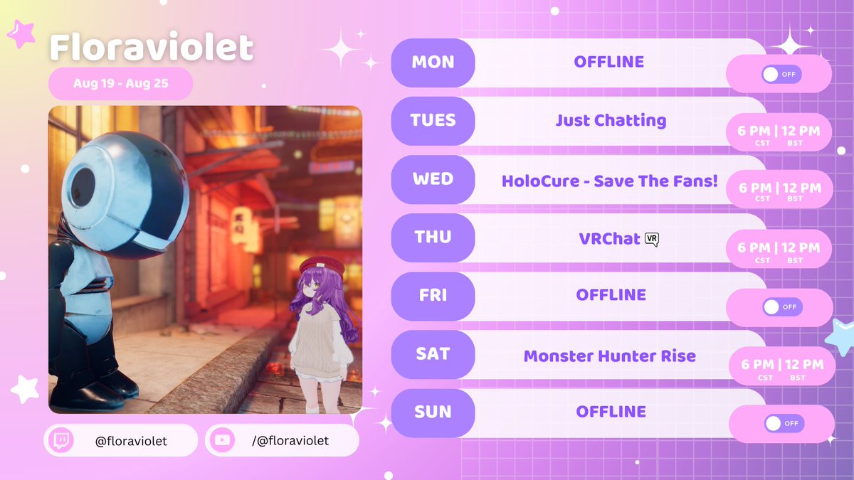 _floraviolet's tweet photo. Flora Stream Schedule Aug 19 - 25 https://t.co/tI18ynBuLt