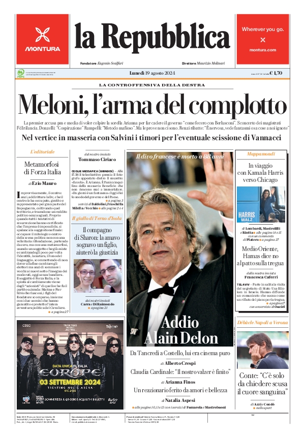 repubblica's tweet image. La prima pagina di oggi #19august larep.it/primapagina 📰