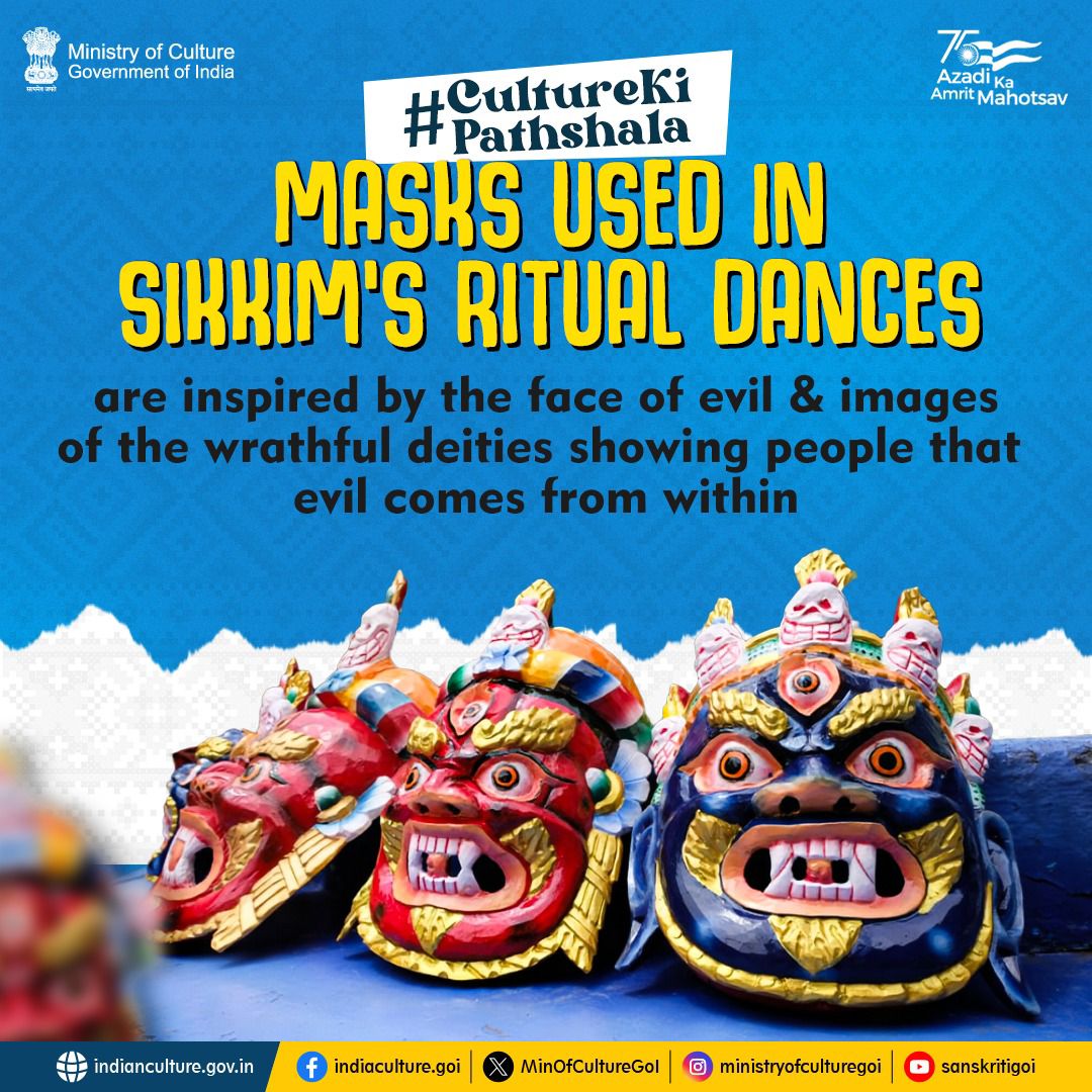 MinOfCultureGoI's tweet photo. Masks are an essential component of ritual dances & festivities in #Sikkim's culture. Much of the design themes are inspired by local deities, animals or birds & they are mostly carved out of tough light wood known as ‘Zaru Shing’
#MasksOfIndia #CultureKiPathshala @TourismSikkim https://t.co/3I2XIFVnUY