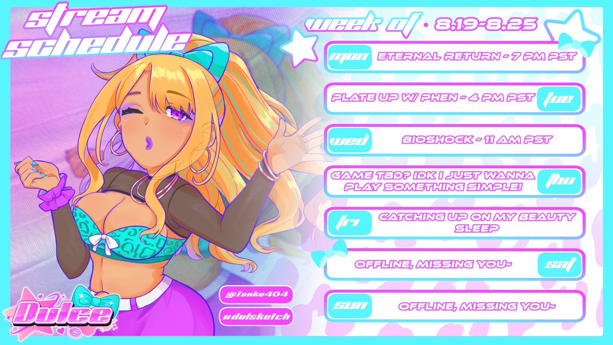LasercutLegends's tweet photo. New streaming schedule out for this week!!
π¨: #Zenko404
Art: #dulsketch
NSFW: #lewdulce
Live: #dulcelive
Meme: #dulcentertain
Thumbnails: #dulcenails
Asset: #dulcsets
Shop: https://t.co/tW4zsGPtcY https://t.co/TyZIecgtU7