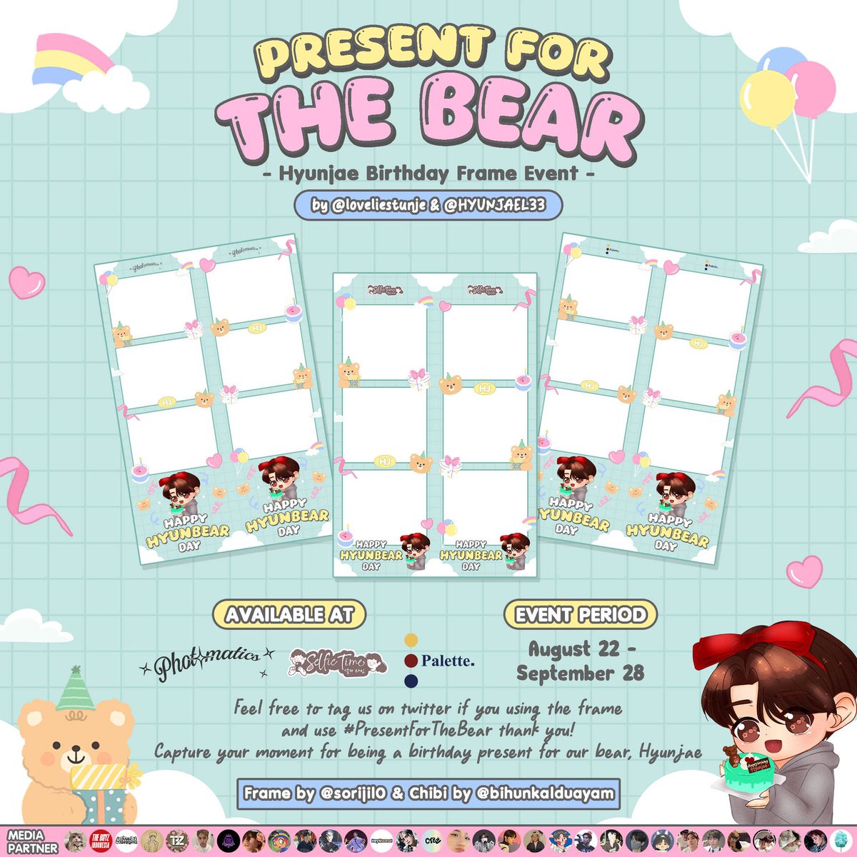 itsmatchamilky's tweet photo. ꒰🧸ྀི 𝙋𝙧𝙚𝙨𝙚𝙣𝙩 𝙁𝙤𝙧 𝙏𝙝𝙚 𝘽𝙚𝙖𝙧 🧸ྀི ꒱
ㅤㅤ
THE BOYZ Hyunjae Photobooth Event by @loveliestunje &amp; @HYUNJAEL33 
ㅤㅤ
🧸22 Agustus - 28 September
🧸Palette, Selfietime, Photomatic
🧸More details on poster  
ㅤㅤ
Don't forget to use hastag #PresentForTheBear ₊˚⊹ᰔ https://t.co/UUQNf7o8mW