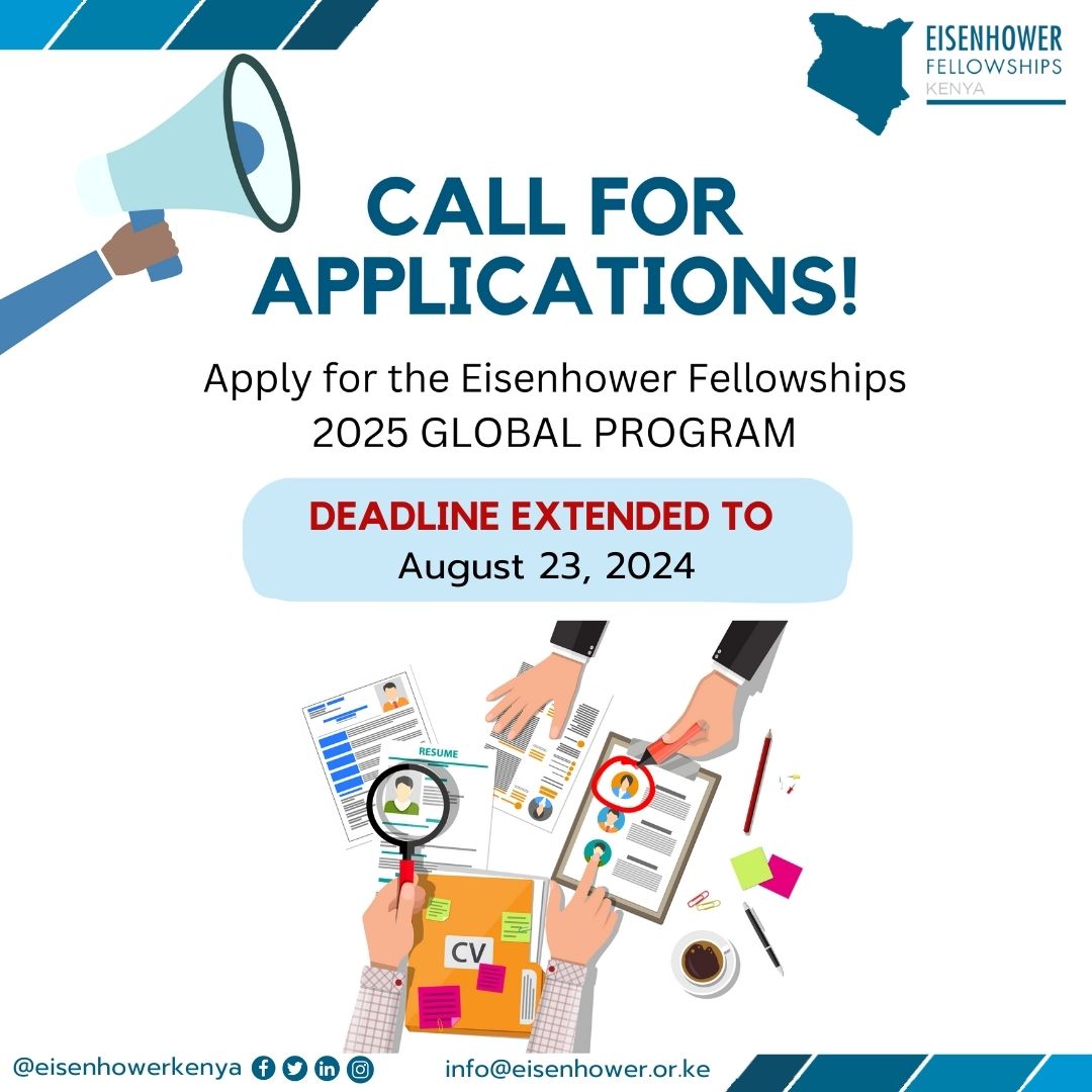 Eisenhower Fellowships Kenya (@eisenhowerkenya) on Twitter photo Deadline Extended! The deadline for the Eisenhower Fellowships 2025 Global Program has been extended to August 23, 2024. Don’t miss this opportunity to apply and join a diverse group of visionary leaders from around the world
#EFGlobalProgram #EFJourney
<a href="/EF_Fellows/">Eisenhower Fellowships</a> Deadline Extended! The deadline for the Eisenhower Fellowships 2025 Global Program has been extended to August 23, 2024. Don’t miss this opportunity to apply and join a diverse group of visionary leaders from around the world
#EFGlobalProgram #EFJourney
<a href="/EF_Fellows/">Eisenhower Fellowships</a>
