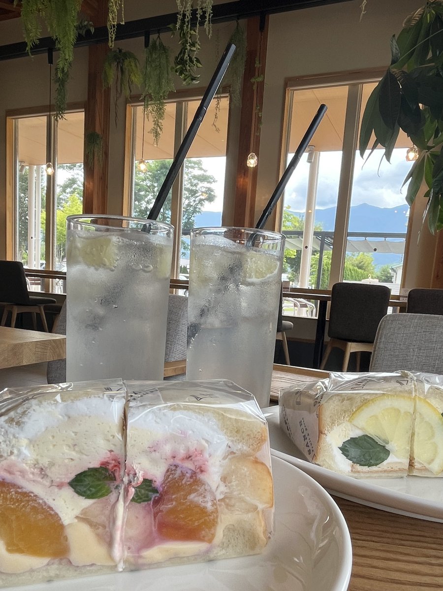 hal414141's tweet image. お茶の時間🍵
SANCH #安曇野市
🥪ピーチなヨーグルト（期間限定）
🥪レモンチーズケーキ風サンド
🍋自家製レモネード
友人と食べたい物を半分ずつ😍
お店の方がカットしてくださいました💕

パンがサンドに合わせてあるのかな？
美味しいなー❣️ペロリ😋
