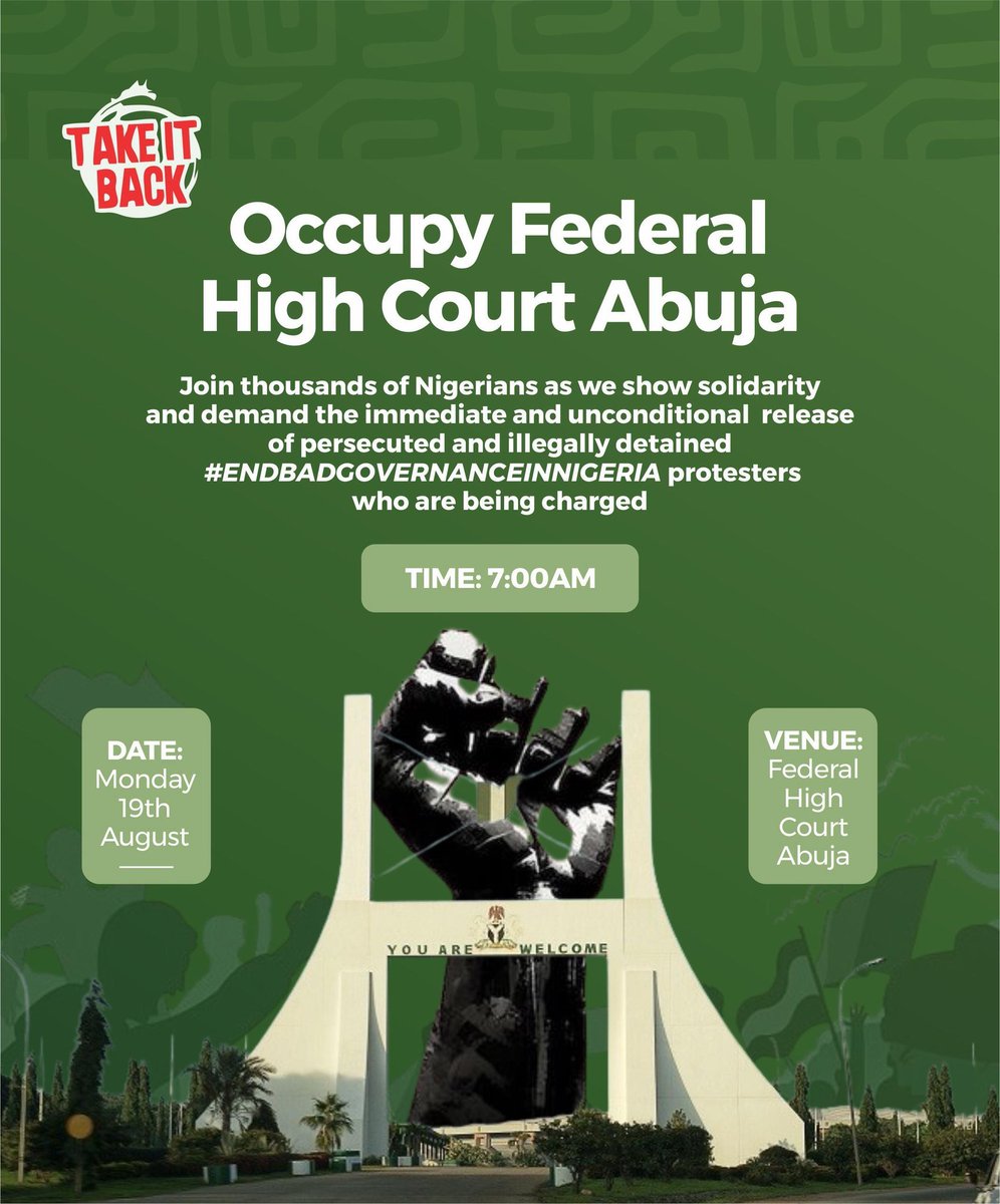 saomot2000's tweet photo. | 10Q for your anticipated &amp; overwhelming presence in Abuja to solidarise with responsible #EndBadGovernanceInNigeria protesters/mobilisers.

We occupy every space until social justice prevails.
We can't be tamed like non-living things.

#FearlessInOctober #RevolutionNow #All41 https://t.co/Yp47gn1az7