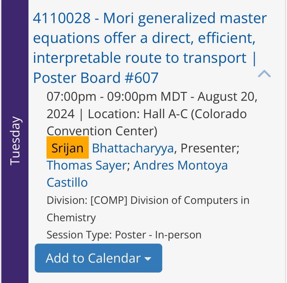 Srijan Bhattacharyya (@srijan_bh) on Twitter photo Excited to attend my first #ACSFall2024!! Join me on my talk about lattice dynamics at the <a href="/ACSCOMP/">ACS COMP</a> session on Tuesday morning, poster about charge transport <a href="/ACSCOMP/">ACS COMP</a> poster session on Tuesday night, and my second talk on charge transport <a href="/ACSPHYSDivision/">ACS Physical Chemical Division</a> session on Wednesday Excited to attend my first #ACSFall2024!! Join me on my talk about lattice dynamics at the <a href="/ACSCOMP/">ACS COMP</a> session on Tuesday morning, poster about charge transport <a href="/ACSCOMP/">ACS COMP</a> poster session on Tuesday night, and my second talk on charge transport <a href="/ACSPHYSDivision/">ACS Physical Chemical Division</a> session on Wednesday